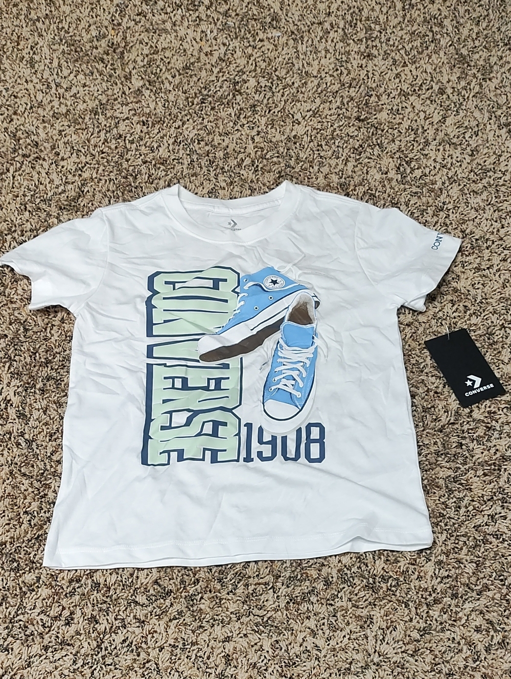 Converse | Girls White Graphic Tee with Blue Sneaker Print
